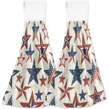 Memorial Day Hanging Kitchen Towel 2Pcs American Flag Stars Absorbent Tie Towel Soft Microfiber Hand Towels for Bathroom Gym Hotel