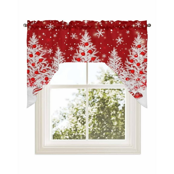 Red Christmas Kitchen Curtains Swag Valance for Windows/Bathroom/Cafe, Xmas Tree Ball Snowflake Winter Rod Pocket Drape Panel Swag Curtains Valance for Bedroom/Living Room 56"x36"
