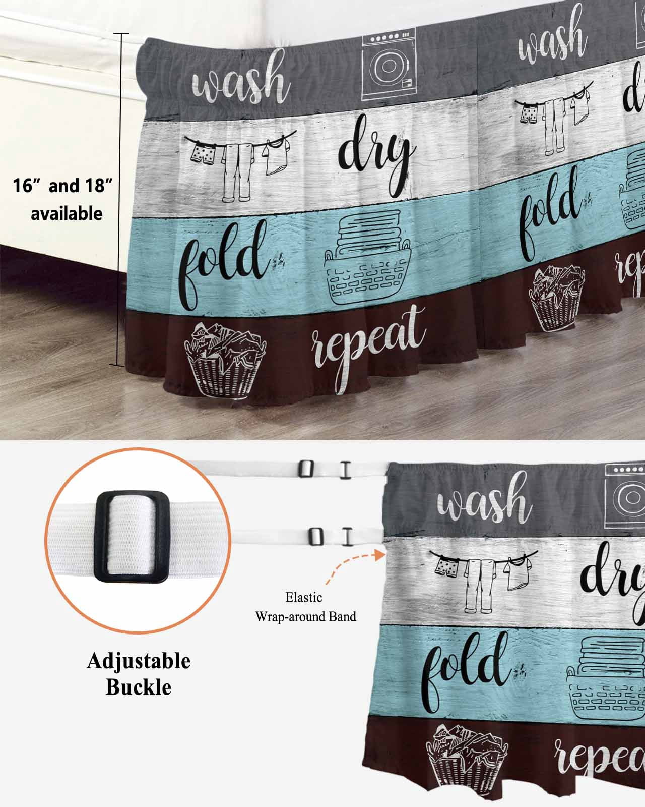 Laundry Rules Bed Skirt Retro Blue White Wood Board Grain Bed Skirts Queen Size 16 Inch Drop, Wrap Around Dust Ruffle&nbsp;Bedskirt with Adjustable Elastic Belt for Queen Size Beds