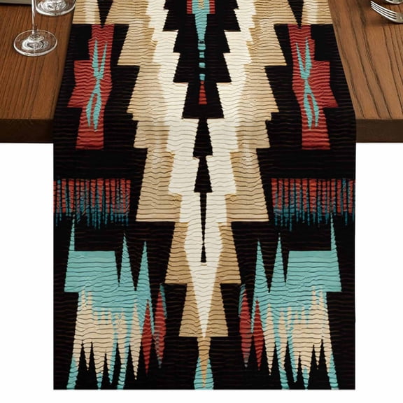 Boho Brown Teal Red Short Table Runner 36 Inches Long,Southwestern Geometric Art Vintage Cotton Linen Table Runners Dresser Scarves,Fabric Tabletop Scarf Furniture Cover for Home Dinner Party 13"x36"