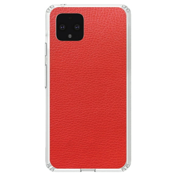 DistinctInk Clear Shockproof Hybrid Case for Google Pixel 4 (5.7" Screen) - TPU Bumper, Acrylic Back, Tempered Glass Screen Protector - Red Faux Leather Print Design - Printed Faux Leather Image
