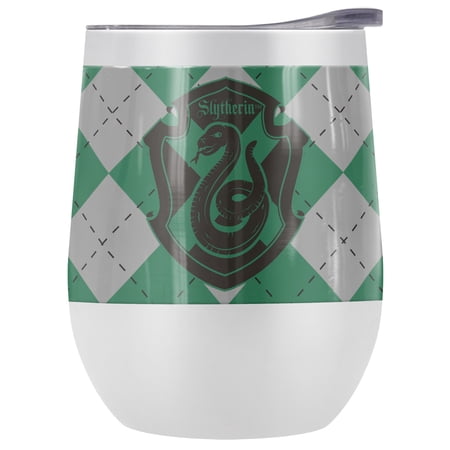 Harry Potter Official Slytherin Plaid Sigil 12 oz Stemless Tumbler Stainless Steel Travel Cup|Lake Tumbler|Insulated with Leak Resistant Slide-Lock Lid White