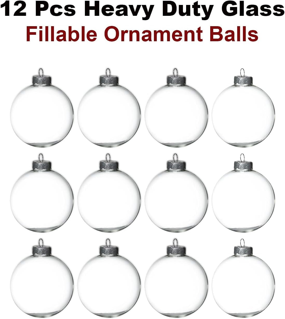 4E's Novelty 12 Pack 3.15 Inch Glass Christmas Ornament Balls - Large 80mm Fillable Clear Ornaments for Crafts Silver Ribbon for Christmas Decor