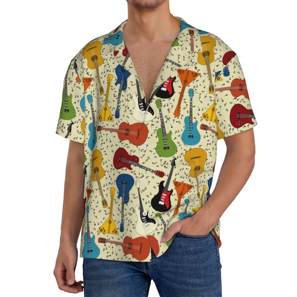 Balery Different Kind Of Guitars Camisa Casual de Manga Corta con Botones para Hombre, Texturizada, Estilo Cubano, para Playa, Verano-Medium