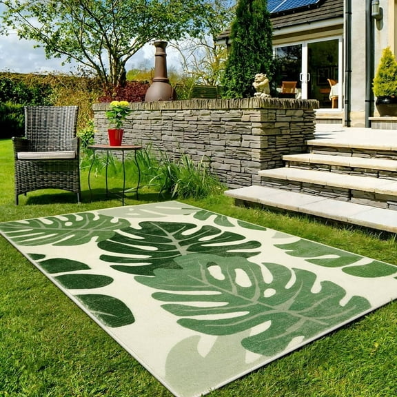 RUGOGO Leaf Indoor Outdoor Area Rugs for Patio, 5x7 Green Washable Living Room Rug Tropical Monsterar Plant Non-Slip Bedroom Rugs, Large Accent Area Carpets for Dinning Room Porch