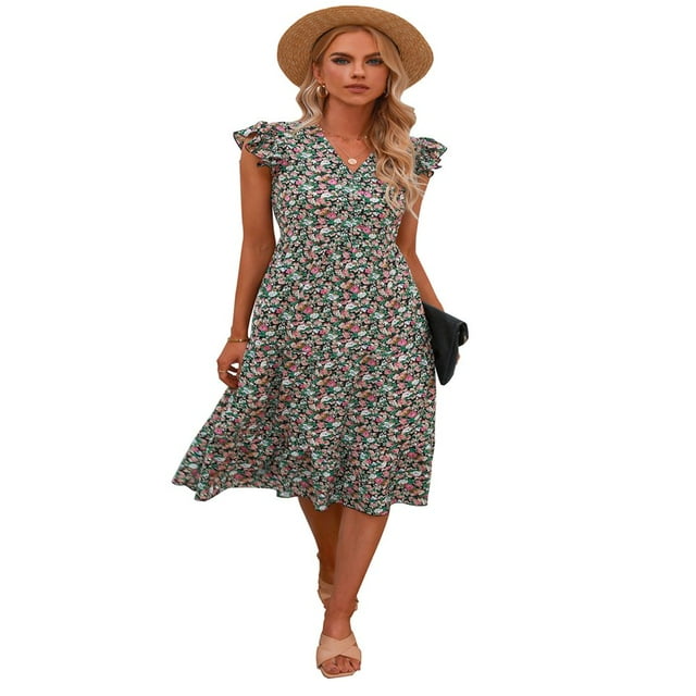 Robe d'Été pour Femmes Col en V Manches Volantes Ourlet à Volants Robe Bohème Décontractée Élégante Robe Trapèze Robe Maxi Orange S