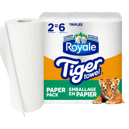 Tiger Towel Recyclable Paper Packaging, 2 Equal 6 Paper Towel Rolls, 147 Sheets per Roll