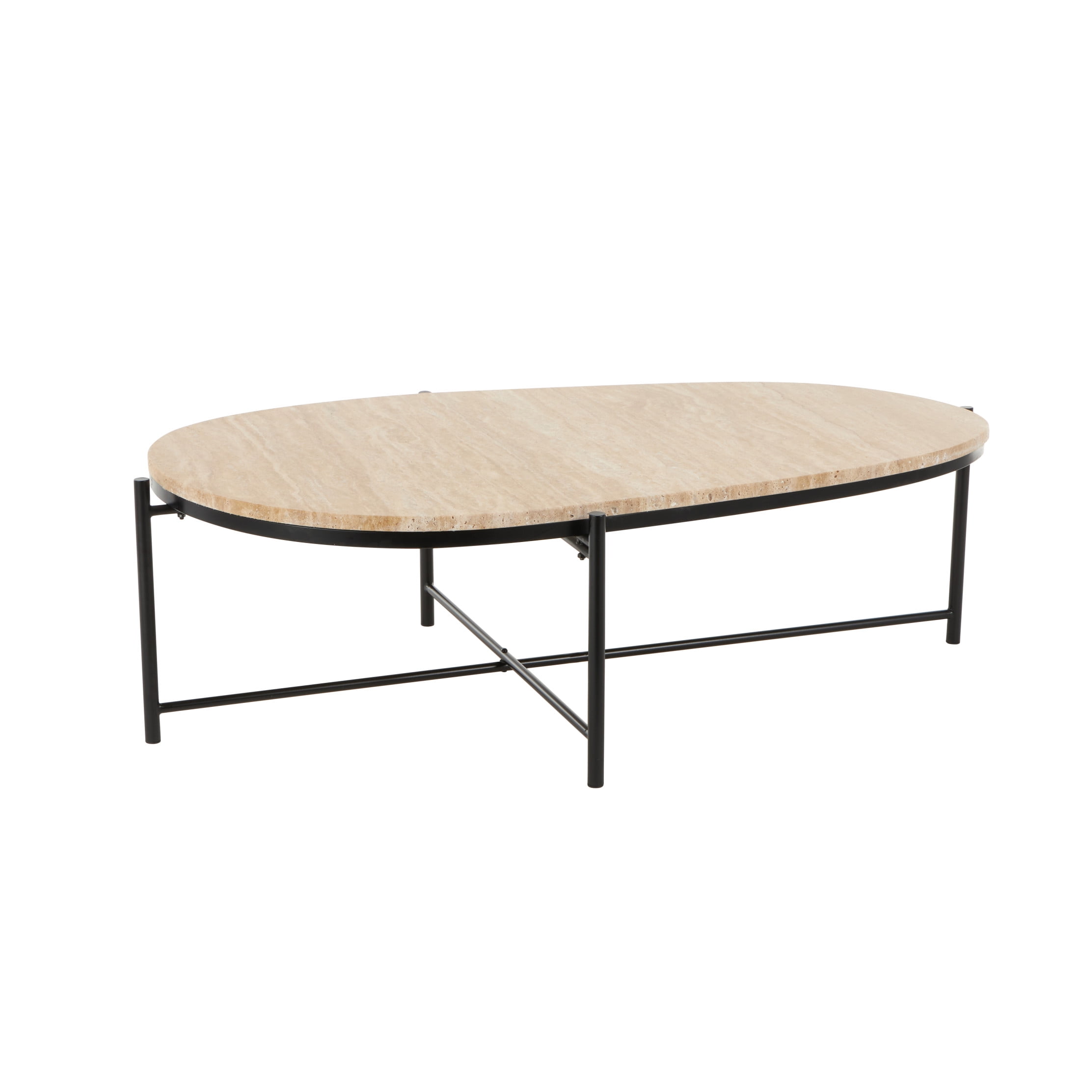DecMode 45" x 13" Beige Marble Oval Coffee Table with Black Metal Support, 1-Piece