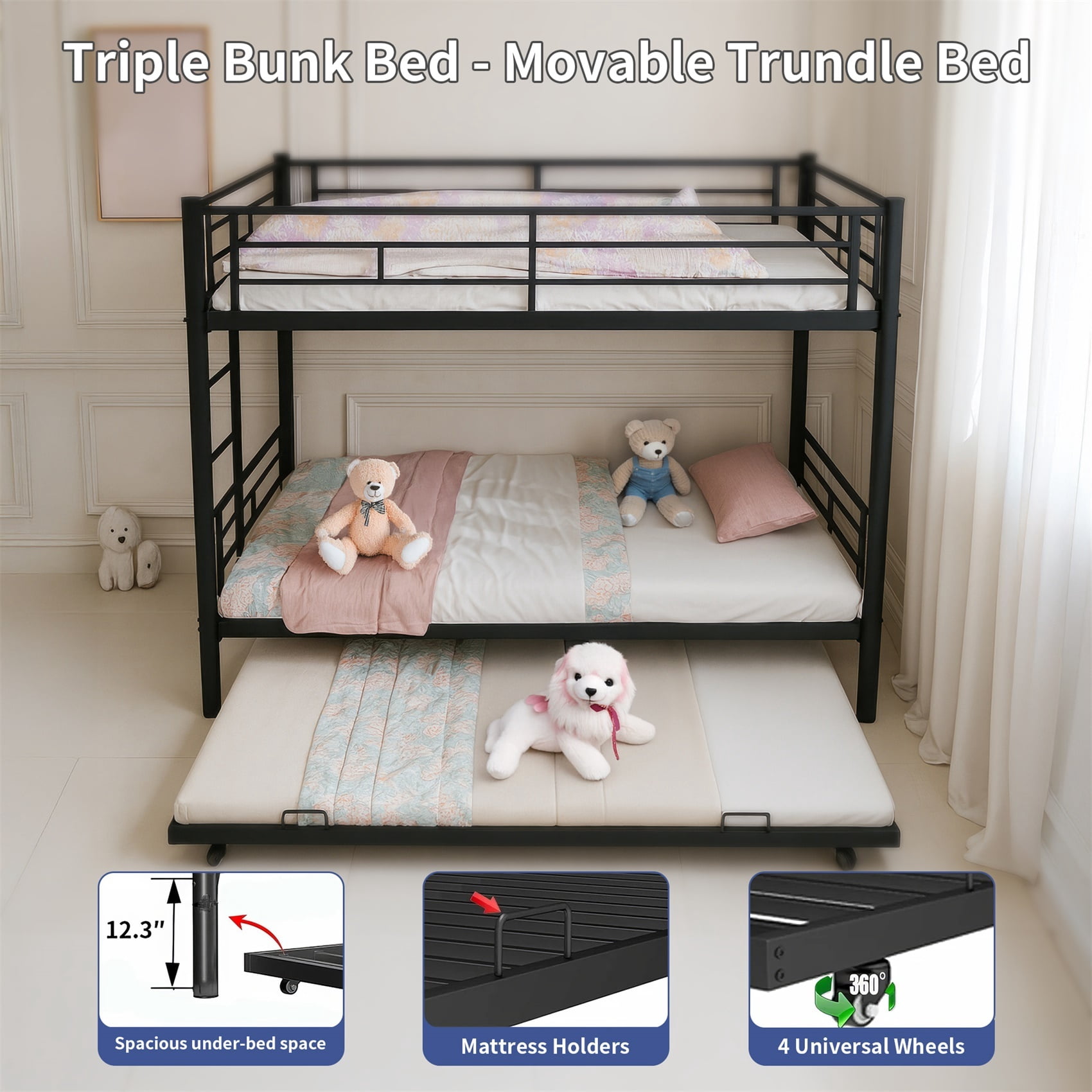 Alvantor Triple Bunk Beds Twin over Twin Bunk Bed with Trundle, Heavy Duty Metal Bed Frame with Guardrail, Divided Into 3 Twin Beds for Boys Girls Kids, Black