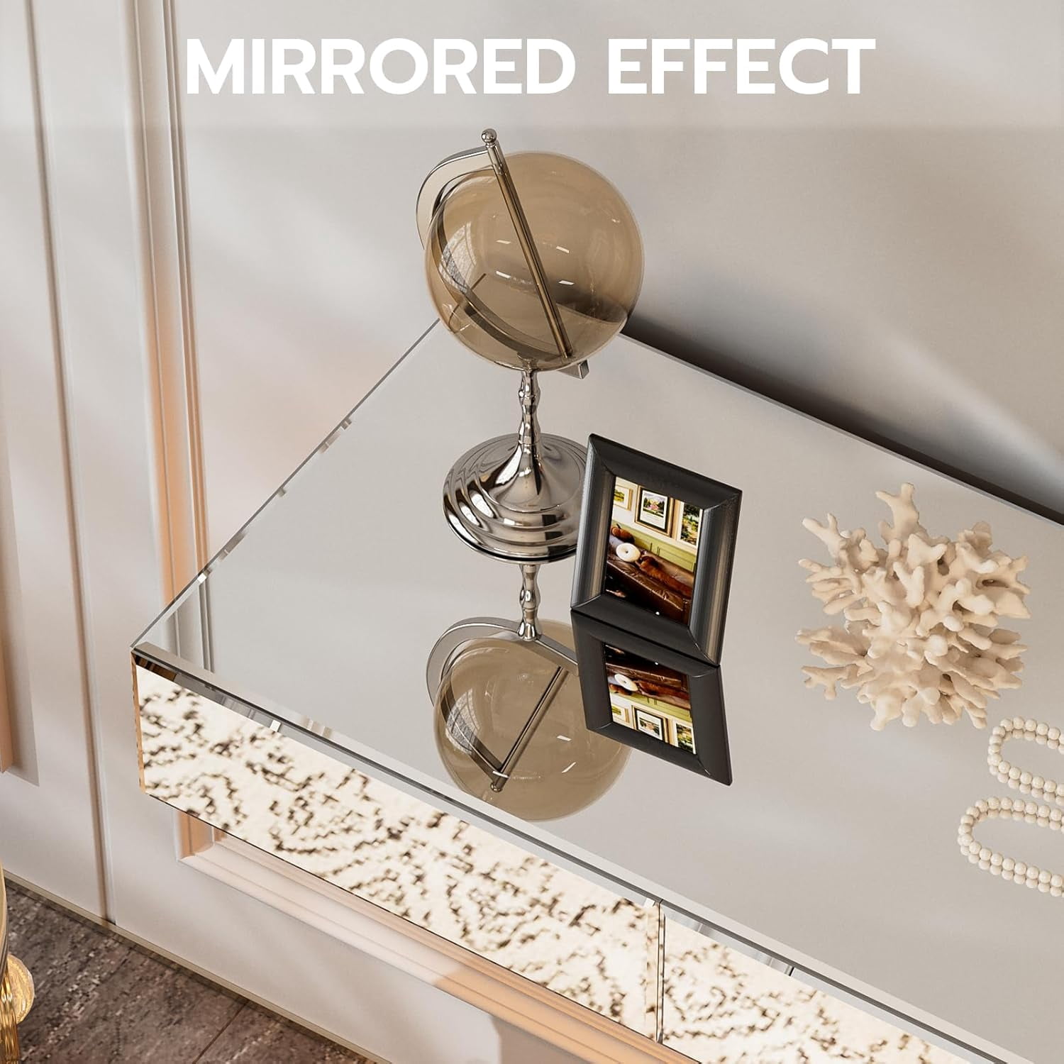 ARICOEASY Mirrored Console Table with LED Light and Storage Drawer, Narrow Entryway Table with drawers for Living Room Furniture Sets