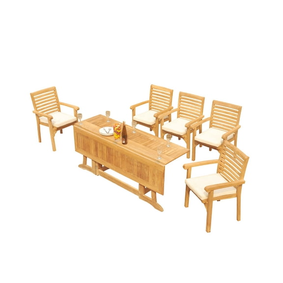 Grade-A Teak Dining Set: 5 Seater 6 Pc: Warwick Console Folding Rectangle Table And 5 Hari Stacking Arm Chairs Outdoor Patio WholesaleTeak #51HR1506
