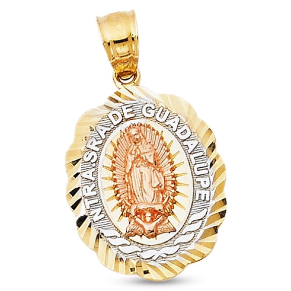 Virgin Mary Diamond Cut Medallion Charm Pendant Solid 14k Tri Tone Gold Lady Guadalupe Fancy Design Solid 19 mm x 15 mm