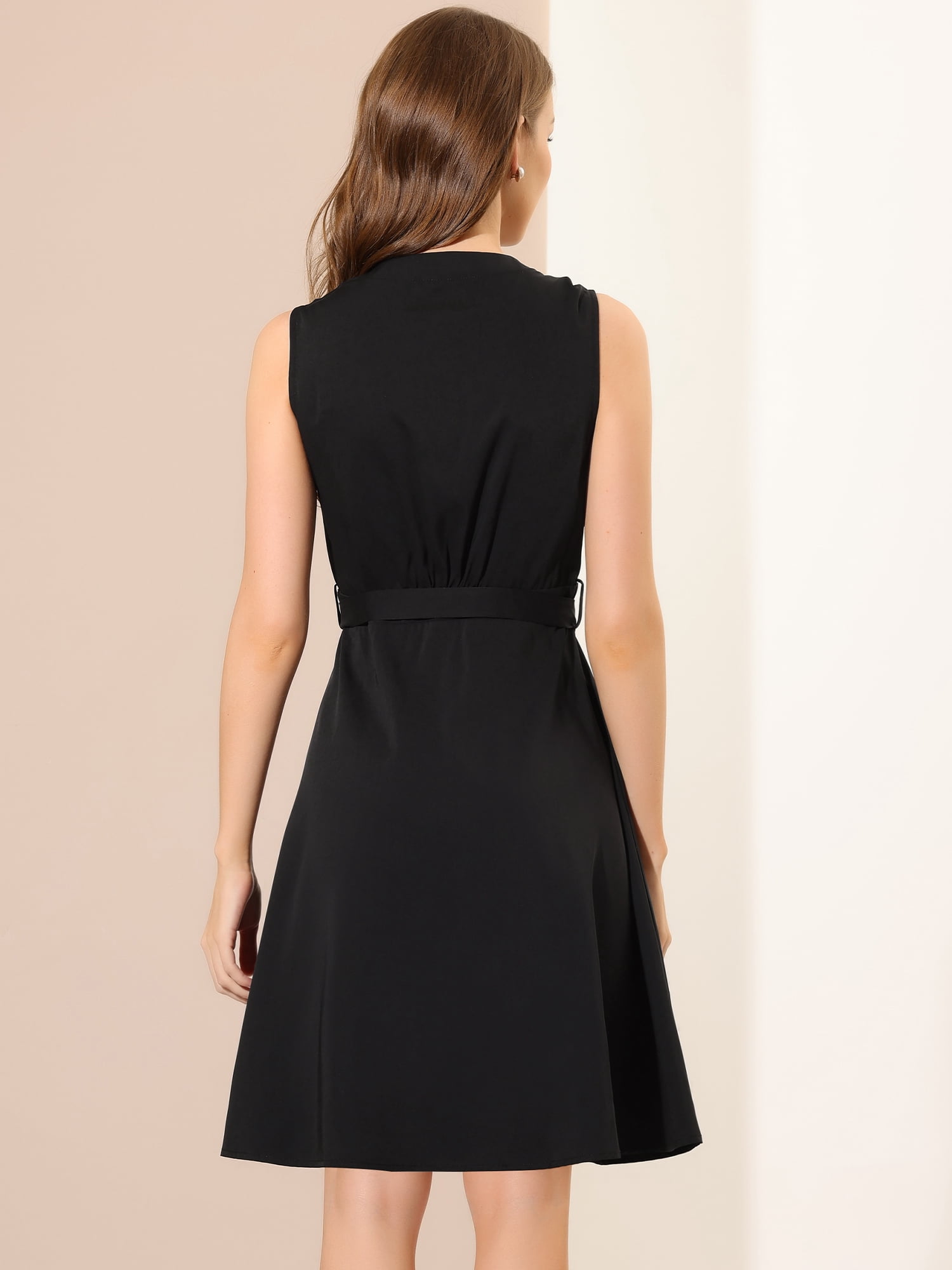 DARING DIVA Women's Sleeveless Shirtdress Belted V Neck Button Down Dress M Black