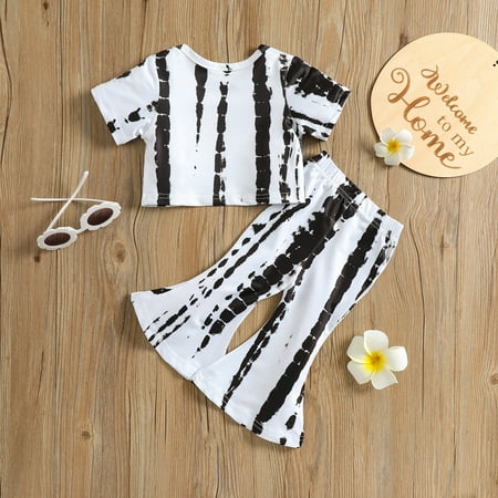 

TOWED22 Girl Outfits Baby Girl Clothes Bell Bottom Outfit Letter Print Short Sleeve T-Shirt Top Cow Flare Pants Set Cowgirl Outfits White