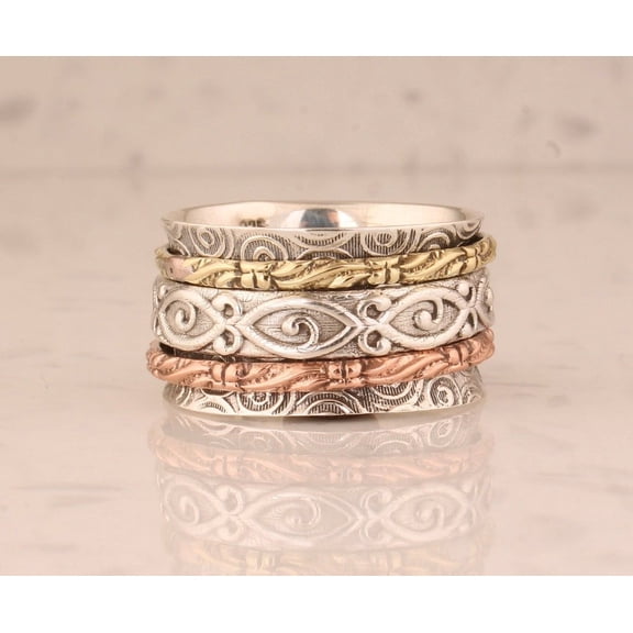 LD DESIGNS Handmade Three-Tone Boho Spinner Ring – 925 Sterling Silver Anxiety Fidget Ring for Women, Meditation Thumb Ring, Unique Mother’s Day Gift