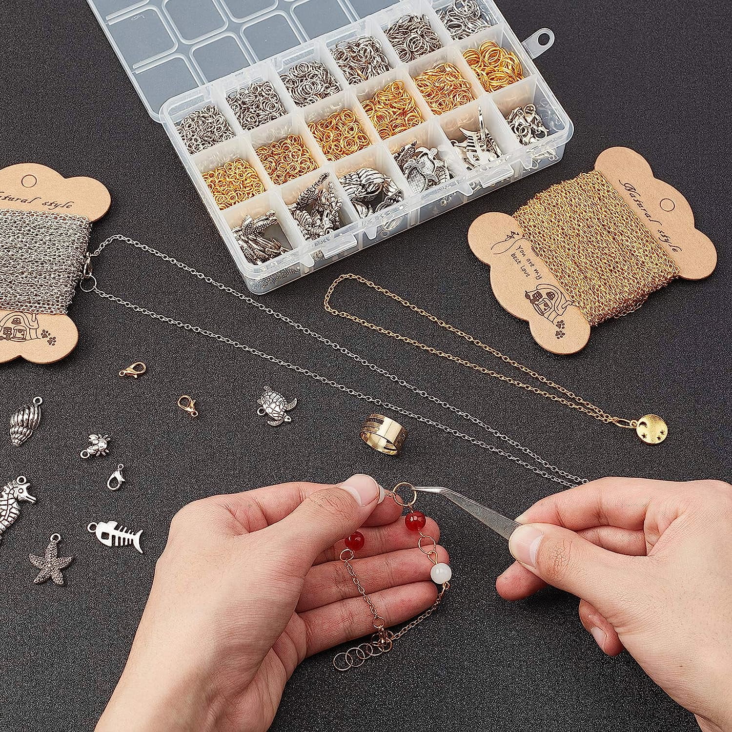 PH Chains Jewelry Making Kit 65 Feet Link Cable Chain with 3000pcs Jump Rings 60pcs Lobster Claw Clasps 60pcs Sea Charms Tweezers Jump Ring Opener Platinum Golden