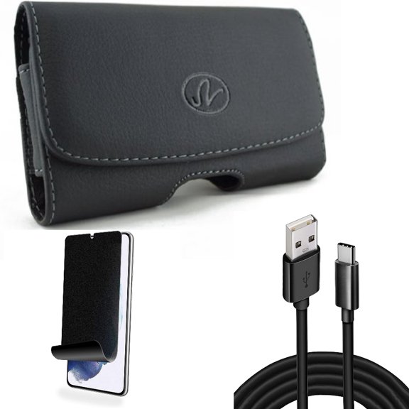 For Samsung Galaxy S21 (6.2") - Charger Cord Type-C 10ft USB Cable   [Fingerprint Works] TPU Film Privacy Screen Protector   Swivel Leather Case Belt Clip