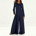 thumbnail image 2 of QATAINLAV Jumpsuits for Women Casual Long Sleeve One Piece Baggy Romper Solid Color Crewneck Wide Leg Onesie Pants with Pockets, Navy, XXL, 2 of 9