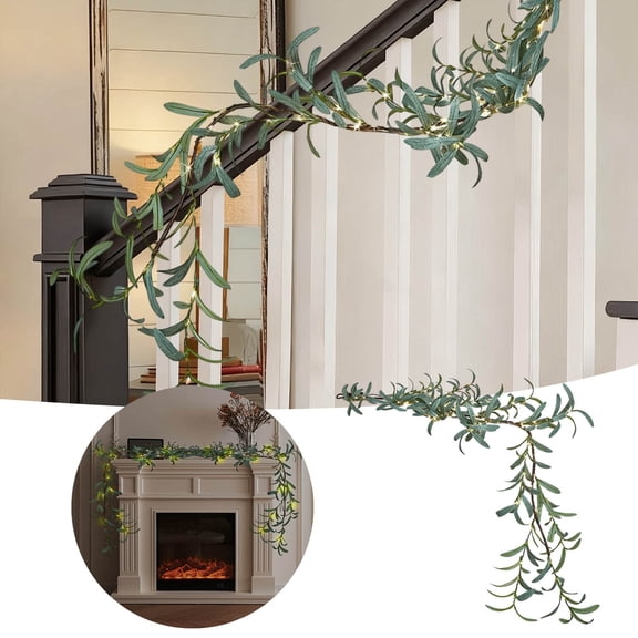 Twinkling Tree Fairy Light Olive Vine, 6FT 96 LED Fairy Lights Prelit - Battery Operated, Pre-lit Lighted Artificial Olive Garland with Timer for Christmas Fireplace Decorations (1pc Round)