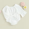 thumbnail image 3 of Okbabeha Newborn Baby Girl Cotton Linen Romper Flare Sleeve Bowknot Bodysuit Onesie Solid Color Fall Winter Cute Clothes, 3 of 7