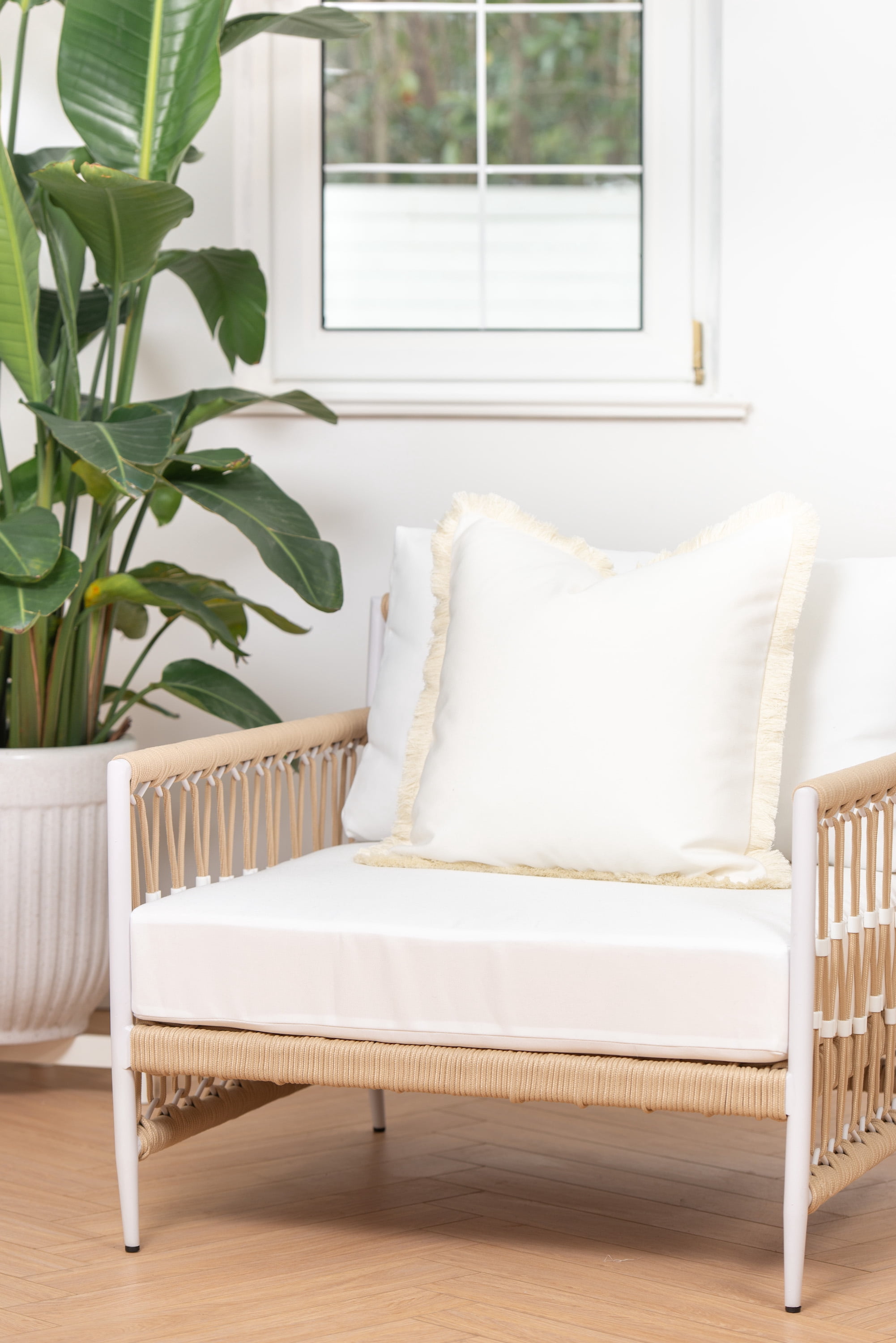 Hofdeco Premium Coastal Patio Indoor Outdoor Pillow Cover Only, 20"x20" Water Resistant for Backyard, Couch, Solid White Fringe