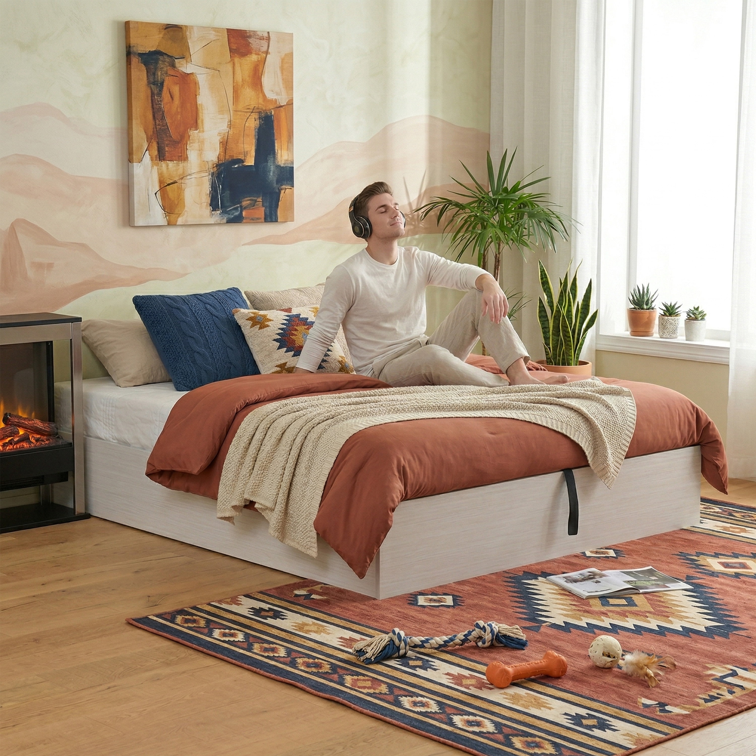 Queen Size Lift Up Pneumatic Storage Bed Frame, Headboard-Free Platform Bed with Wooden Slats, No Box Spring Needed,Rustic Off White