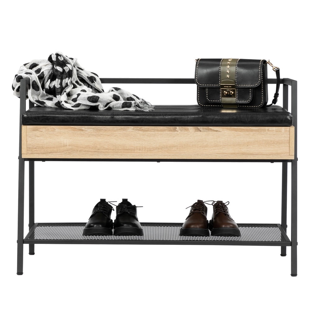 Burnt Wood Entryway Shoe Rack Bench with Black Metal Frame and Leather –  MyGift