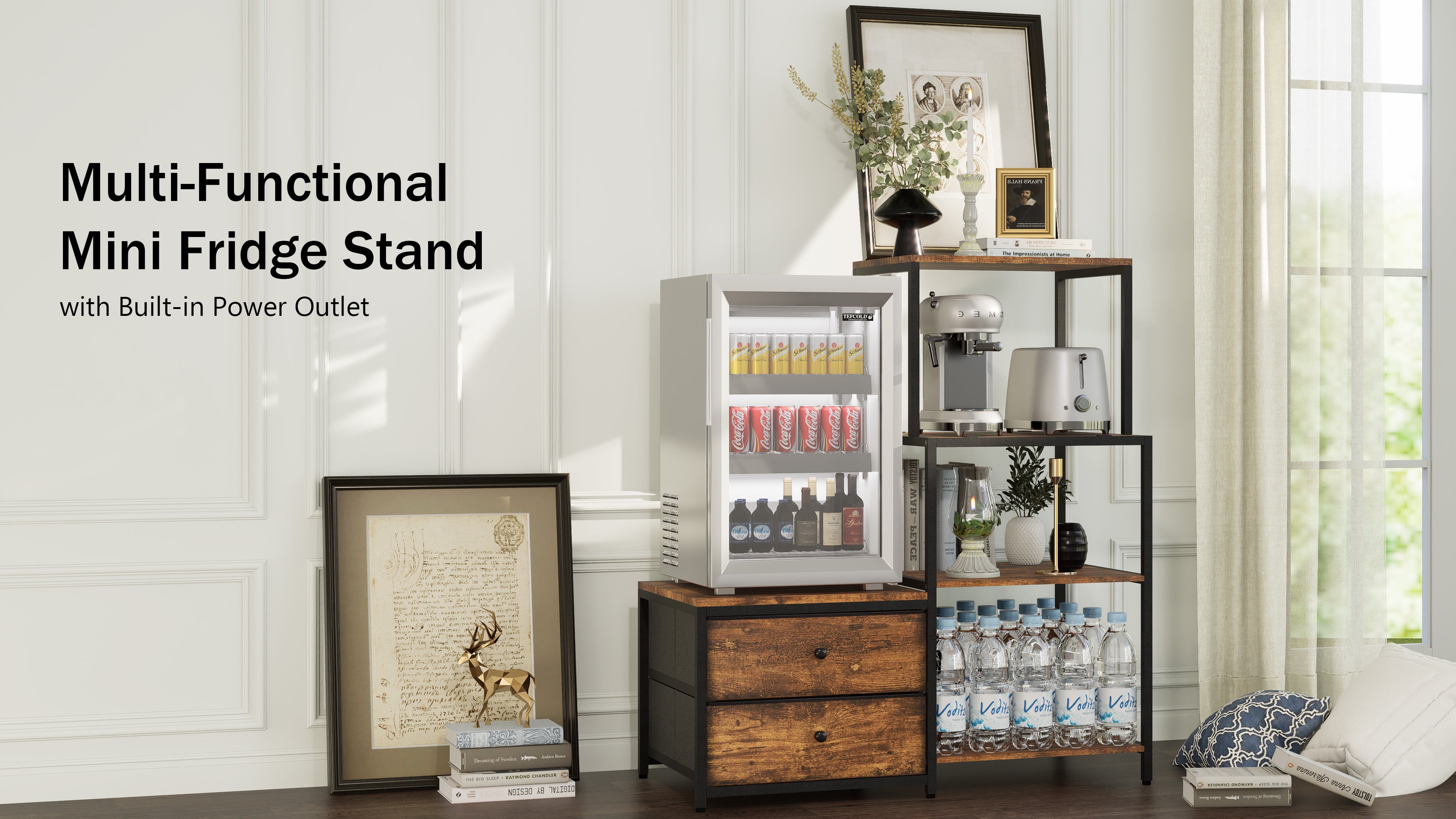 Cooday Mini Fridge Stand with Storage, Microwave and mini Fridge Stand with Power Outlet, Coffee Bar,Kitchen Baker,for Dorm,Office(Brown)