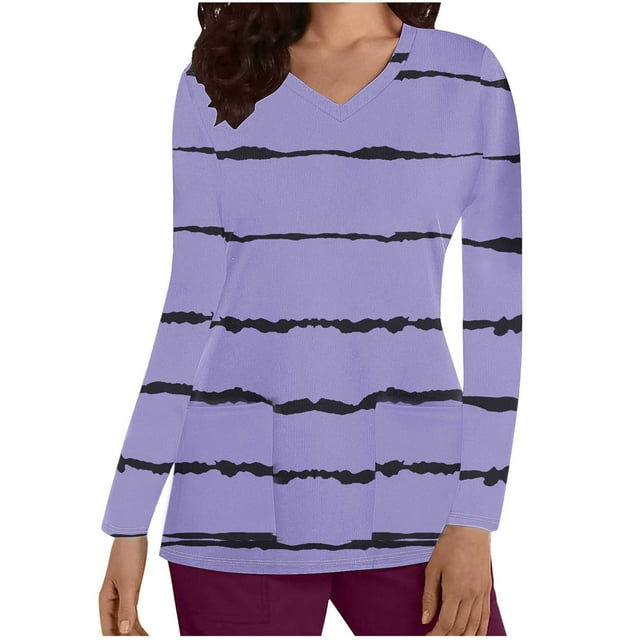 Cameland Hauts de Sarrau d'Infirmière pour Femmes à Rayures Uniforme de Travail Manches Longues Col en V Blouse T-shirt de Tenue de Travail avec Poches Sarraus pour Femmes