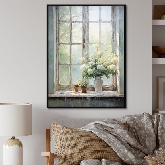Designart "Blooming Farm Windows in the Countryside I" Farm Framed Wall Art - Country Green Farm Windows Entryway Framed Wall Art