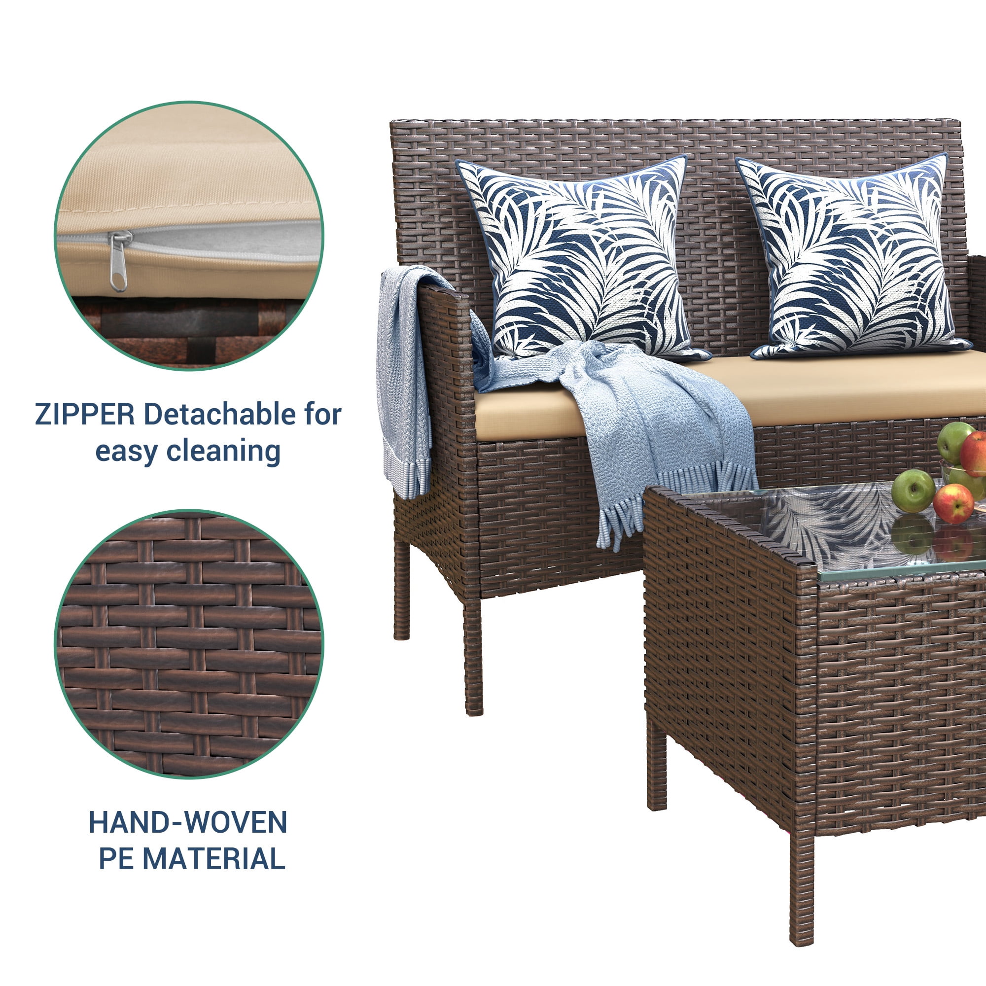 Elposun 4 Steel Sectional Outdoor Conversation Sets with Chair and Loveseat, Brown/Beige
