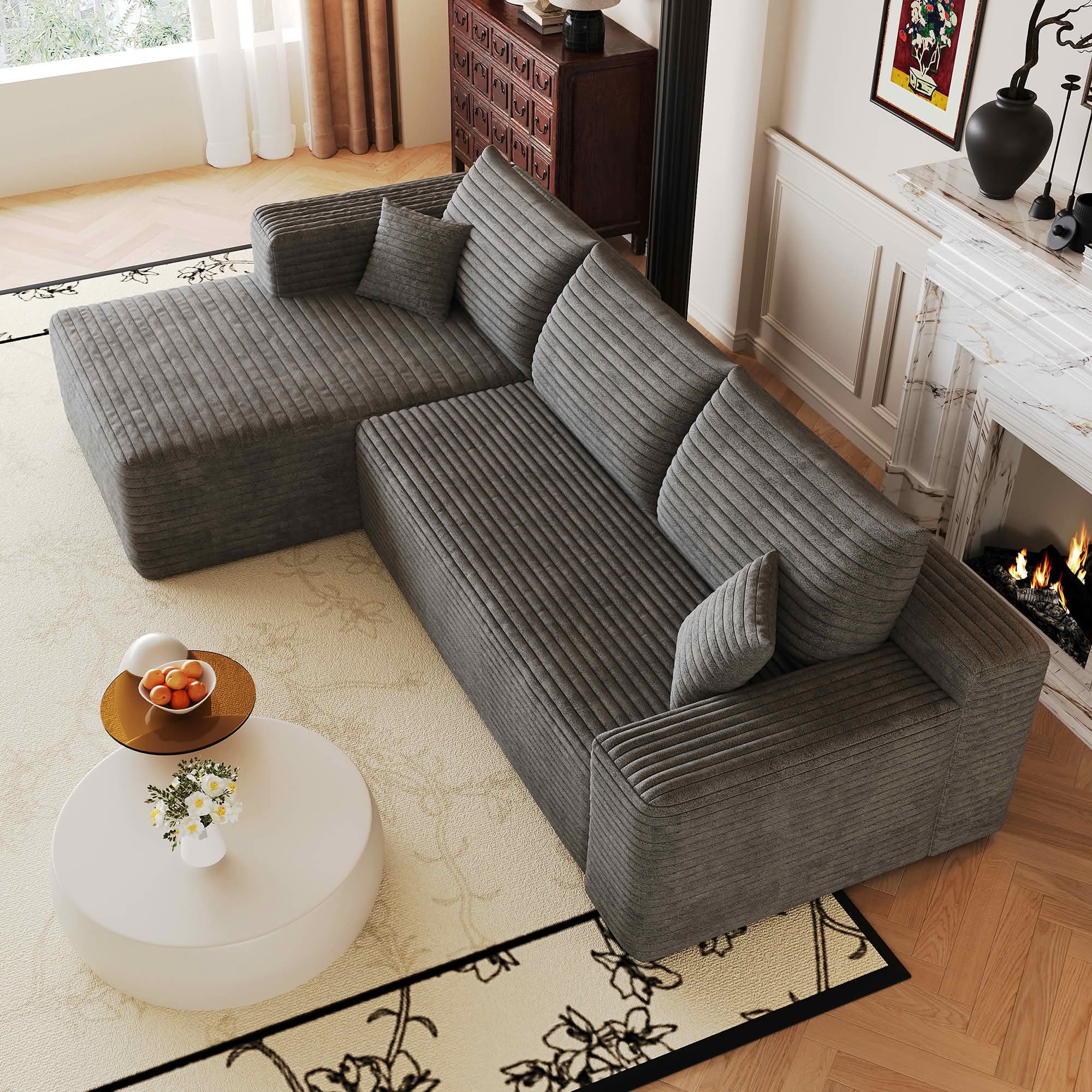 MAYEERTY 103 Inch L‑Shaped Cloud Sectional Sofa, Modern Minimalist Deep‑Seat Corner Couch, Plush Corduroy Upholstered Reversible Sofa, No‑Assembly Required for Living Room Apartment
