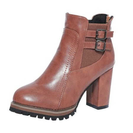 KELINFONG Lug Sole High Heel Boots for Women Fashion Heeled Booties Shoes with Zipper