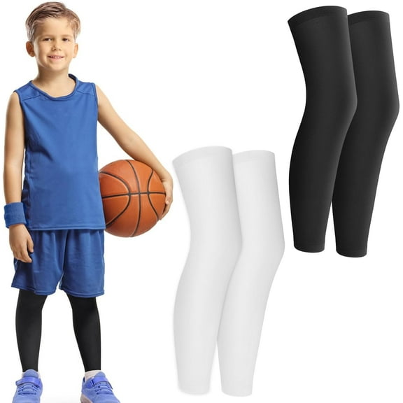 Minzimin 2 Pairs Kid Leg Sleeve, Black and White Long Compression Leg Sleeve Non Slip Leg Wraps Thigh Calf Brace Support Sleeve for Youth Boy Girl Basketball Soccer Football Running Sport (M)