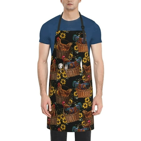 

Qekee Embroidery Chicken Rooster And Sunflowers Print Waterproof Apron with Pockets Adjustable Cooking Aprons Kitchen Bib for Baking Household Cleaning