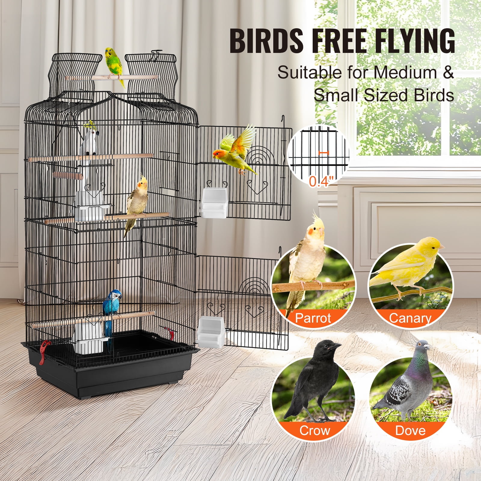 KFFKFF 41-inch Spacious Bird Cage with Open Top, Ideal for Parakeets, Finches, Canaries, Lovebirds, Cockatiels, Budgies, Small Quaker Conures, Travel Pet Flight Birdcage Equipped with Swing and Perch