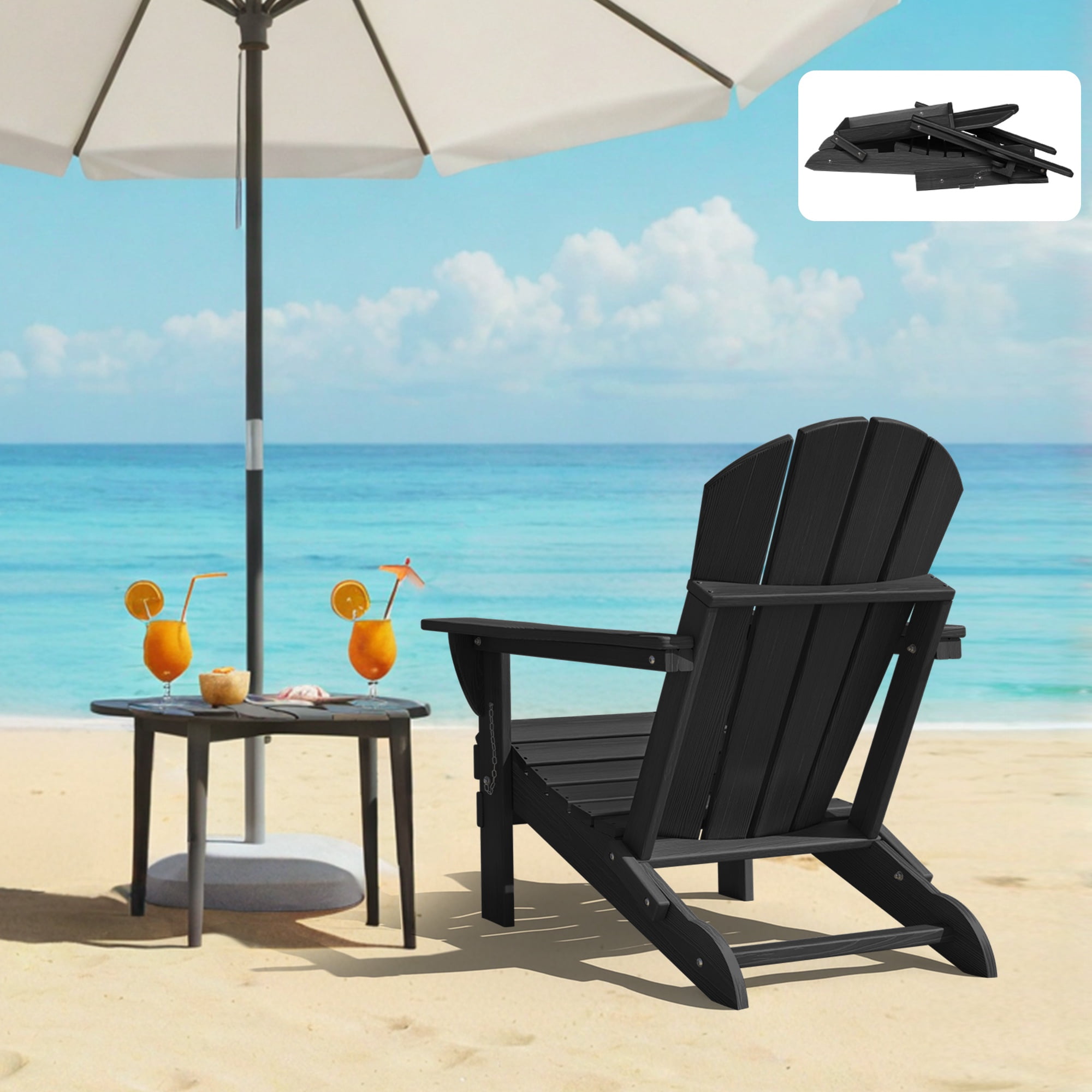 Ciokea Wood Adirondack Chair Folding Outdoor Patio Chairs Fire Pit with Cup Holder Pool Porch Garden Black