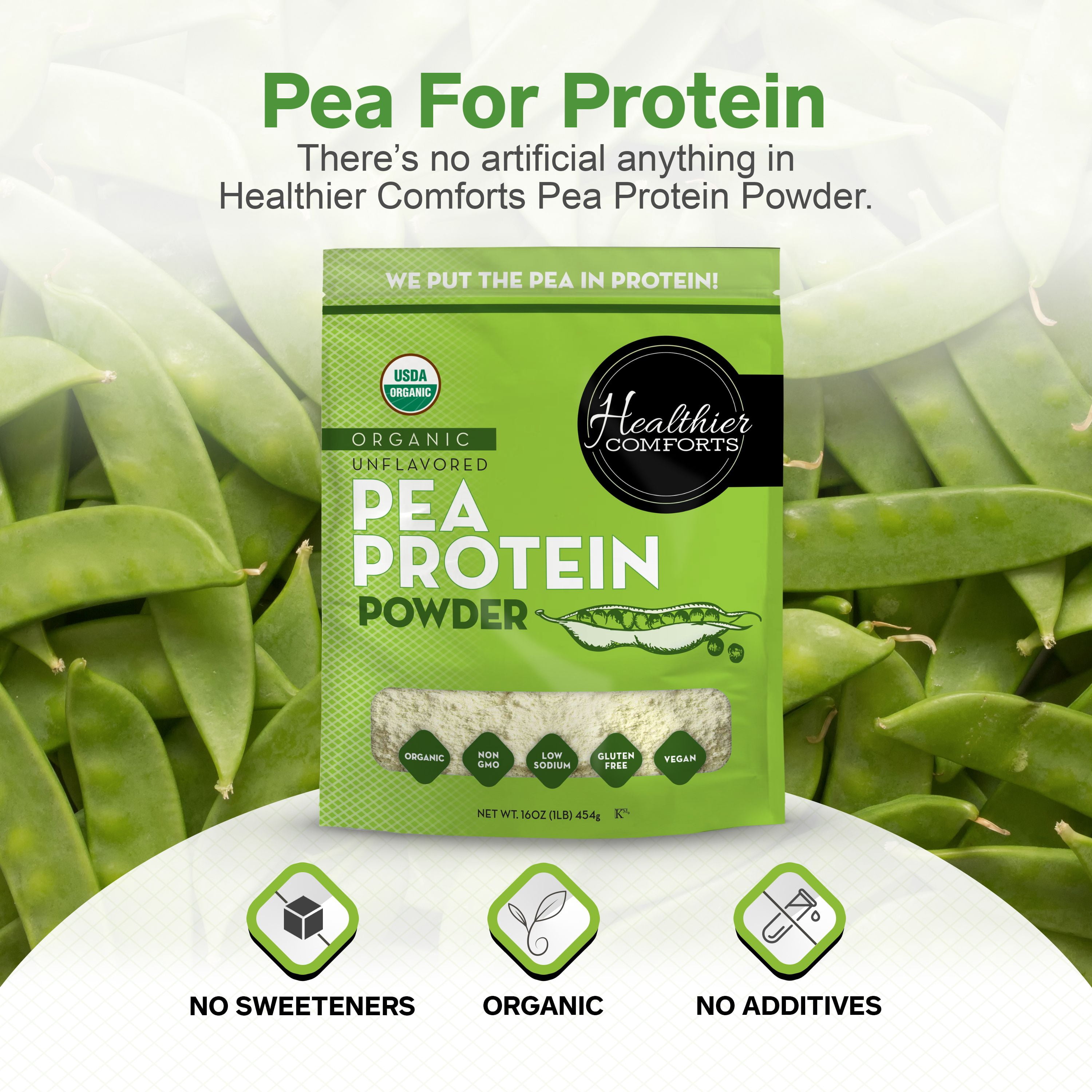 Healthier Comforts Organic Pea Protein Powder 16oz | Low Sodium, 100% Plant Based Protein Powder | Kosher, Gluten Free, Non-GMO, Keto Friendly | Unflavored Protein