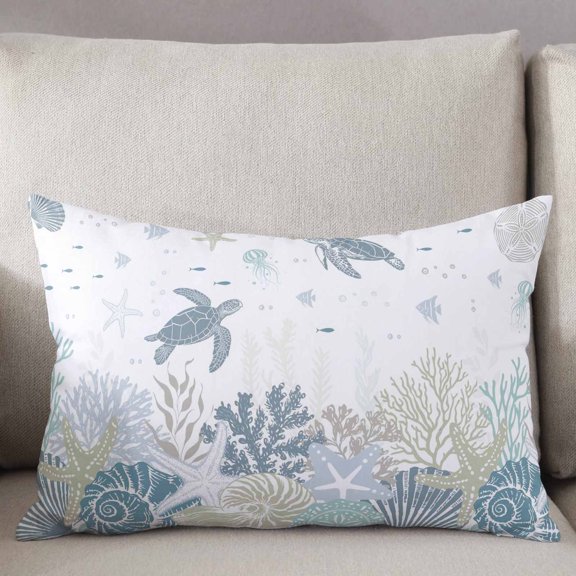 Decorative Pillow Cover 20x26 Inch Ocean Coastal Lumbar Pillow Cover Marine Life Starfish Sea Turtle Corals White Soft Cushion Covers for Sofa Couch Bed, Living Room Home Decor