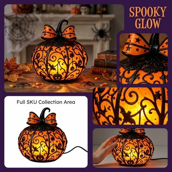 Halloween Tiffany Style Pumpkin Lamp with Bow, Vintage Hollow Jack-O'-Lantern Table Light, Warm Light Decorative Desk Ornament for Home Party Holiday Decor