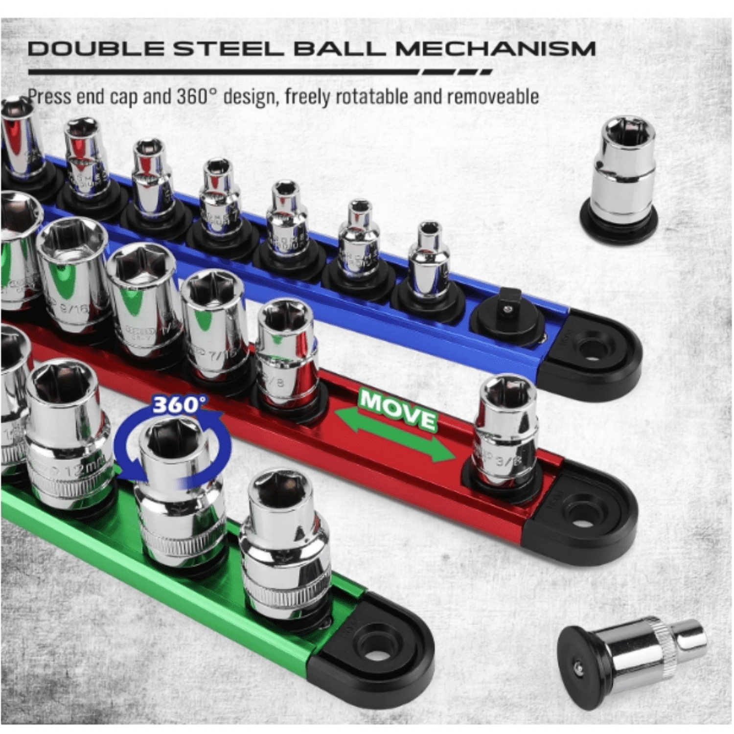 Magnetic Socket Holder Organizer Set: 9-Piece Detachable 1/4, 3/8, 1/2 Socket Trays Socket Organizer for Tool Box Drawer Holds 120-Piece Standard Size Sockets for Automotive Garage(Blue Red Green)