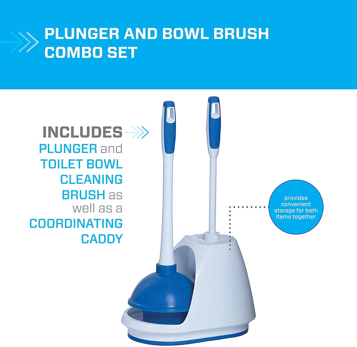 Toilet Plunger and Bowl Brush Combo with Caddy, 3-Piece Heavy-Duty Plunger, Toilet Brush, and Caddy Set, White/Blue