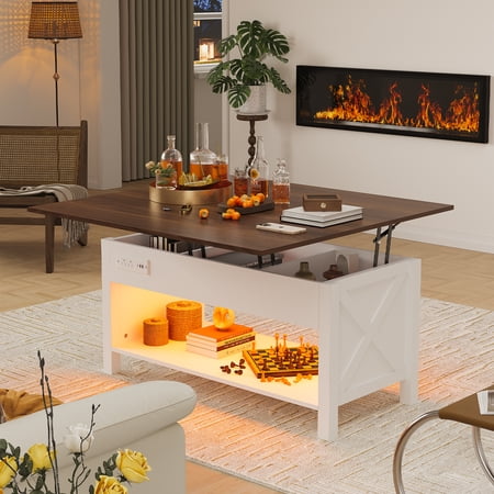 42" Lift Top Coffee Table, 4 in 1 Coffee Tables with Storage Cabinet for Living Room, Small Farmhouse Coffee Table with LED Light for Dining Room,White