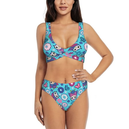 Zeuib Wls And Flowers High Waisted Tummy Control Bikini Set - Knot Front Push Up Top & Cheeky Thong Bottom  Two-Piece Swimsuit for Women-XX-Large