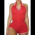 thumbnail image 1 of Body Sin Mangas A Rayas para Mujer, Pantalones Cortos, Mono de Corta con Cuello Rojo L, 1 of 7