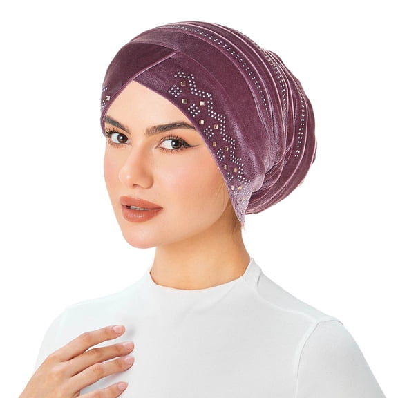 QSAWXQZ Women's Velvet Turban Hat with Rhinestones Elegant Chemo Cap Headwrap Soft Beanie for Hair Loss Party Free Size