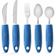 Special Supplies Adaptive Utensils (5-Piece Kitchen Set) Wide, Non-Weighted, Non-Slip Handles for Hand Tremors, Arthritis, Parkinson?s or Elderly Use - Stainless Steel Knives, Fork, Spoons - Blue