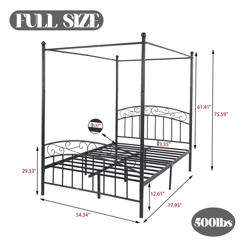 Caxkun Full Size Canopy Bed Frame Four-Poster Metal Platform Bed with Headboard and Footboard Sturdy Heavy Duty Steel Slat Support，Black
