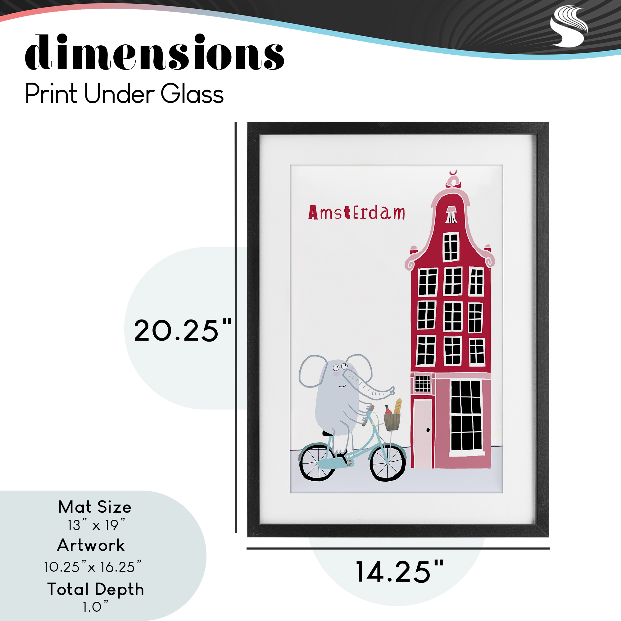 Elephant & Amsterdam Building Black Framed Print Under Glass, design by Carla Daly