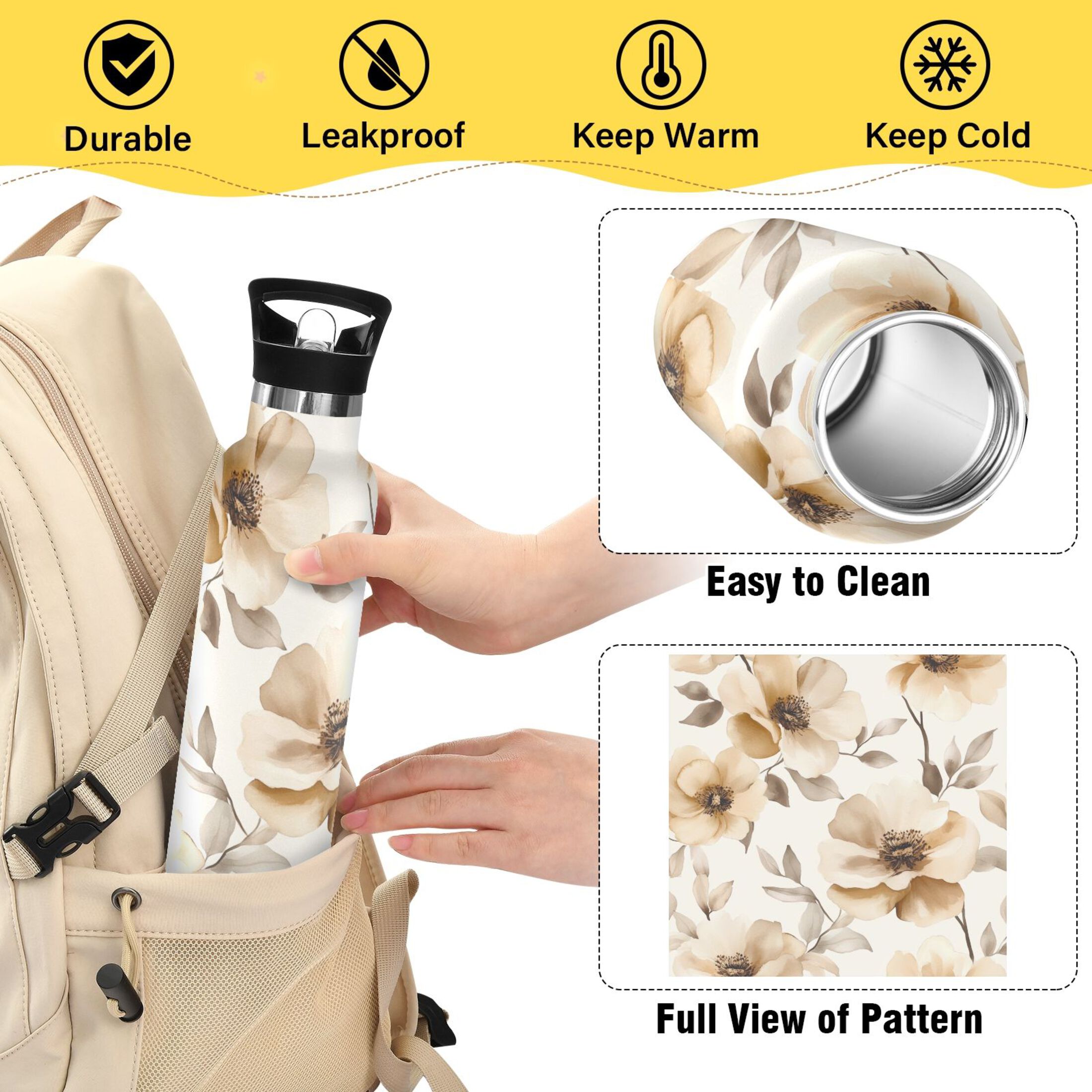 600ML Stainless Steel Insulated Cup Sports Water Bottle Portable Thermos Cup Water Glasses Insulated Tumblers Convenient and Durable Cream Flowers